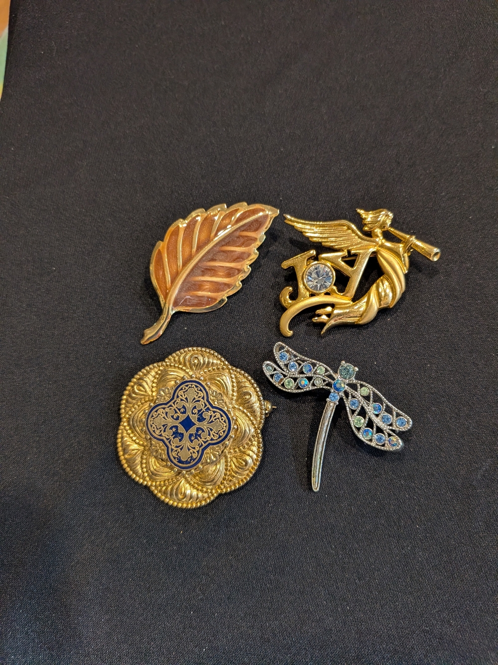 Vintage Mixed Brooch Lot  4 Leaf, Angel, Filigree, Dragonfly - Gold & Blue Tones